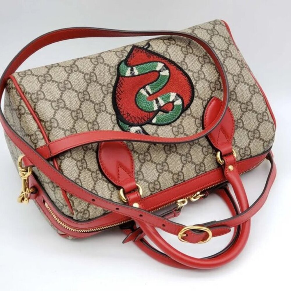 Authentic Gucci GG Supreme Tian Heart Snake Boston Bag Red Leather Crossbody - Picture 3 of 13